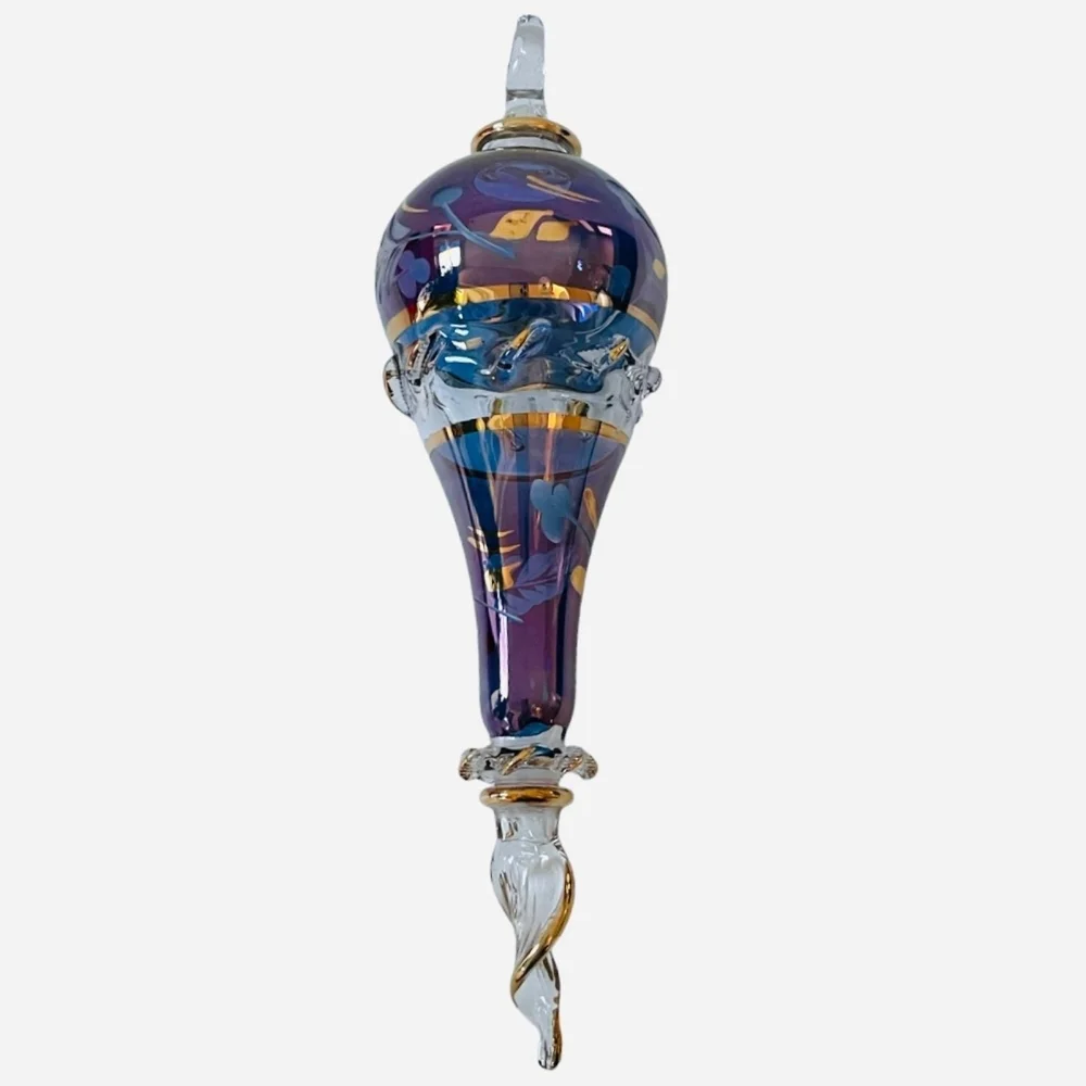 Oversized Egyptian Teardrop Glass Christmas Ornament 8.5” Blue Purple Gold Art